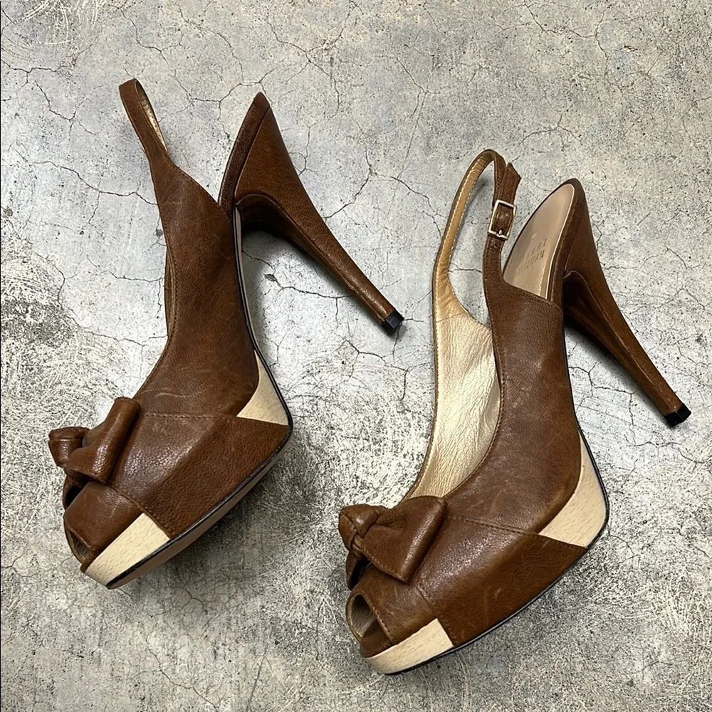 * Stuart Weitzman Brown and Cream Peep-Toe Heels - Picture 3 of 9